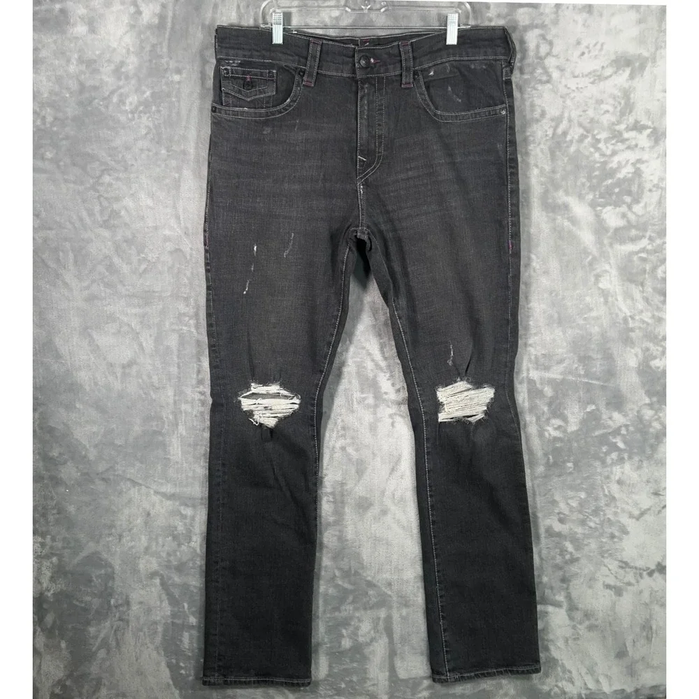 True Religion Ricky Relaxed Straight Jeans Men 38x34 Gray Distressed Flap Pocket